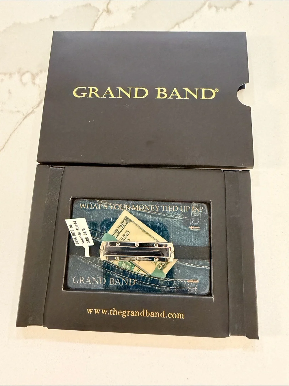 Grand Band Sterling Silver 925 Money Clip Wallet with Black strap